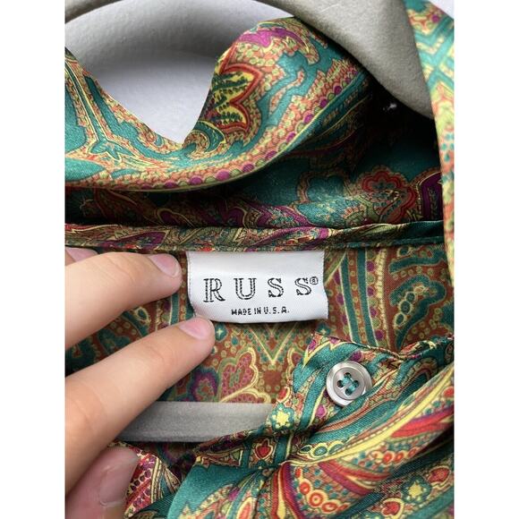 Vintage 90's Russ Paisley Print Button‎ Up Top Womens size 10 Green Ties at neck - Picture 4 of 8